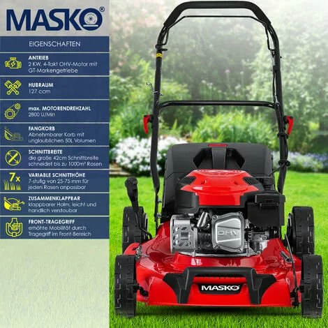 MASKO® Tondeuse à Essence 5 En 1 Roue Motrice Fonction De Nettoyage EasyClean Fonction Mulching Éjection Latérale Largeur De Coupe élevée Réglage De La Hauteur De Coupe Sur 8 Positions | Moteur 4 Temps | Bac De Ramassage, Rouge Noir, Schnittbreite 42cm (d 4 MASKO® Tondeuse à Essence 5 En 1 Roue Motrice Fonction De Nettoyage EasyClean Fonction Mulching Éjection Latérale Largeur De Coupe élevée Réglage De La Hauteur De Coupe Sur 8 Positions | Moteur 4 Temps | Bac De Ramassage, Rouge Noir, Schnittbreite 42cm (d – Image 2